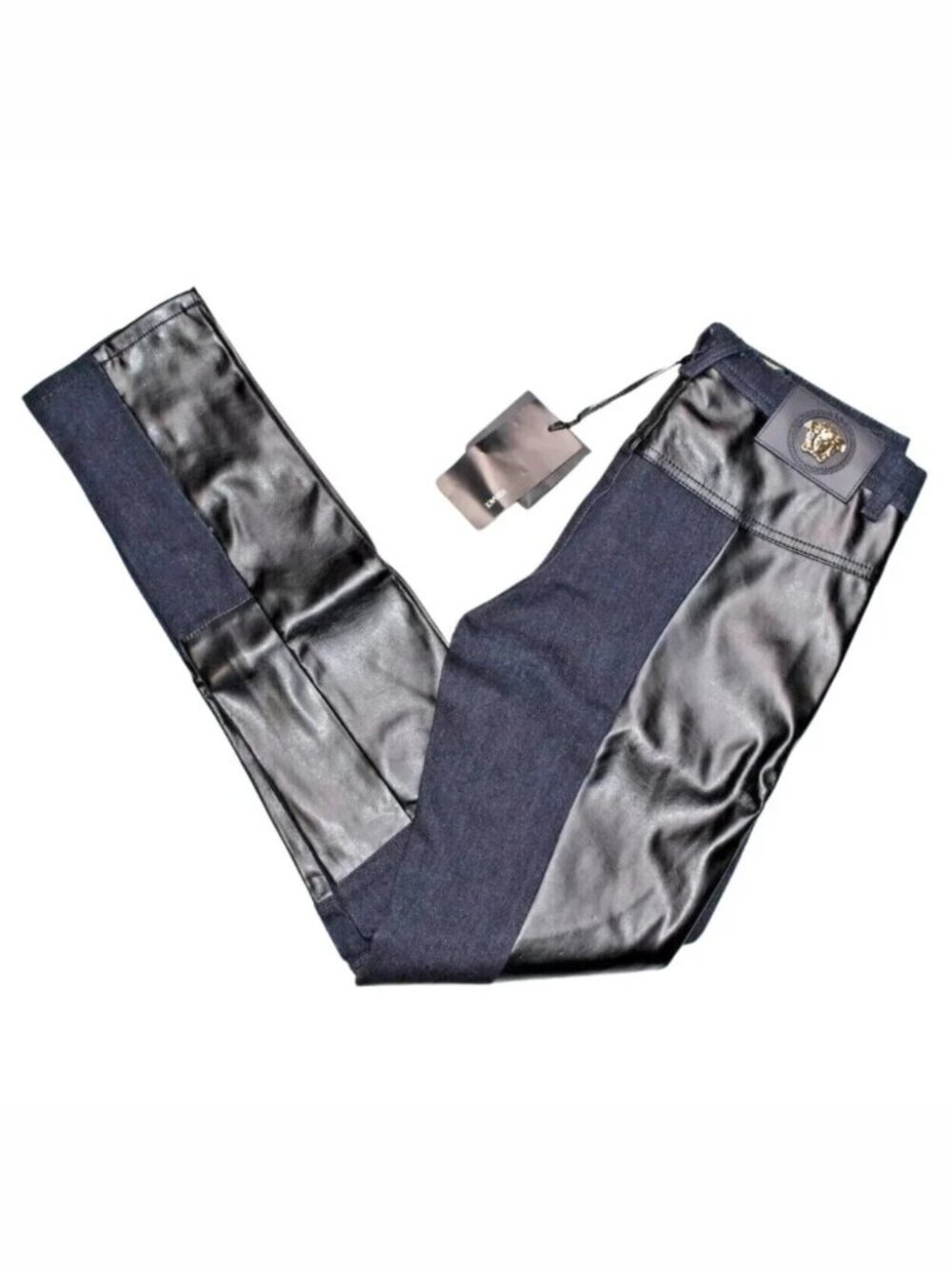 $2000 Versace Black Lamb Skin Leather Dark Blue Denim Jean (Size 25 27 28 31 IT)